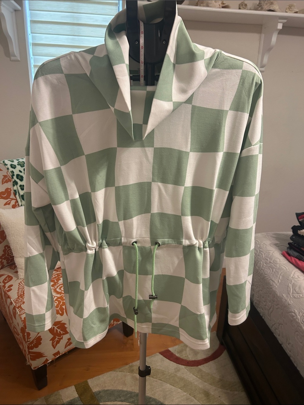 LuLaRoe Teresa Sage Green and White Check Drawstring Pullover